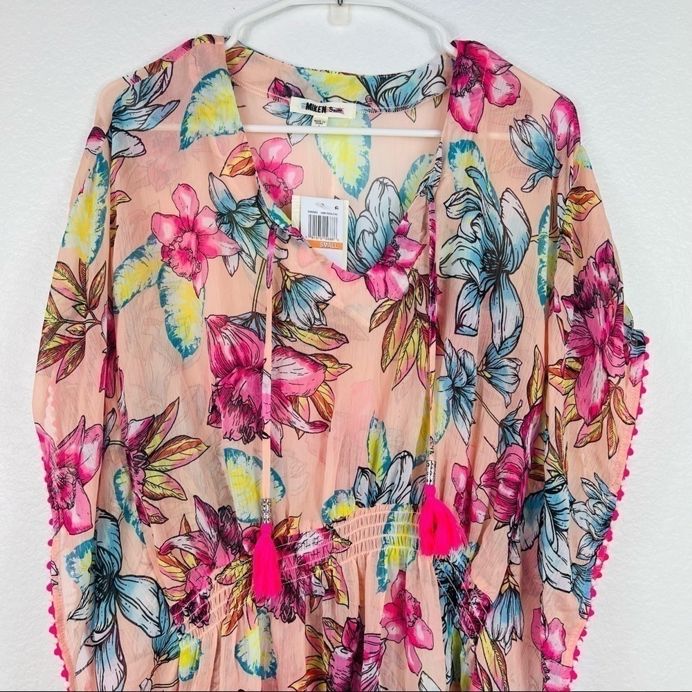 Miken Swim V-Neck Smocked Poncho Cover Up Tassels Tropical Floral size S - Picture 2 of 6